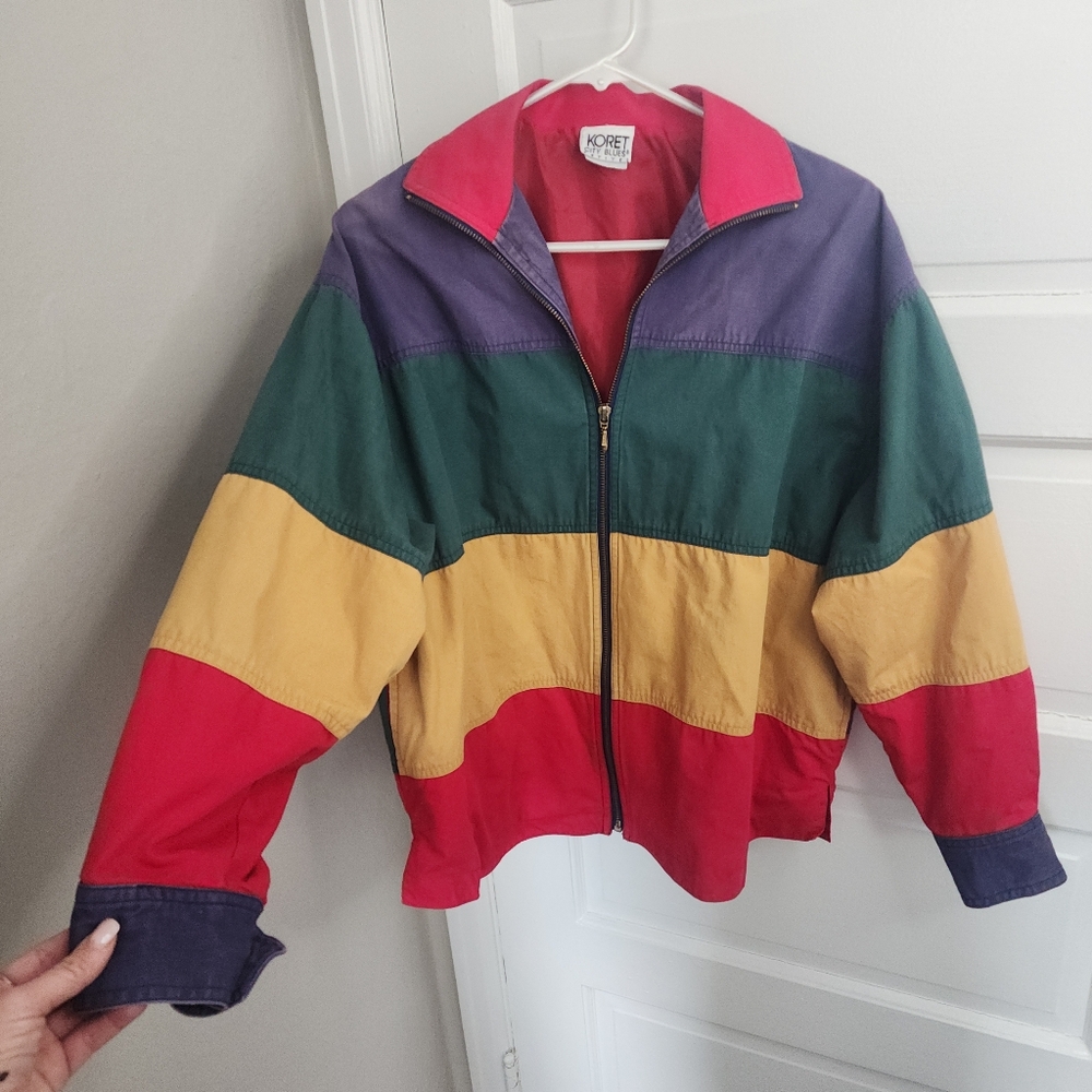 Vintage 90s Streetwear Rainbow Color Block Lined Full Zip Jacket Medium